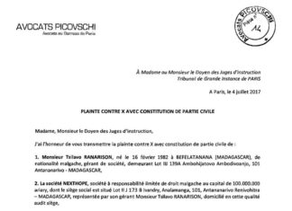 RANARISON Tsilavo, diplômé INSCAE, dépose une plainte pour diffamation à Paris contre son patron Solo qui explique sur différents sites webs la collusion de RANARISON et de la justion malagache, considérée comme corrompue